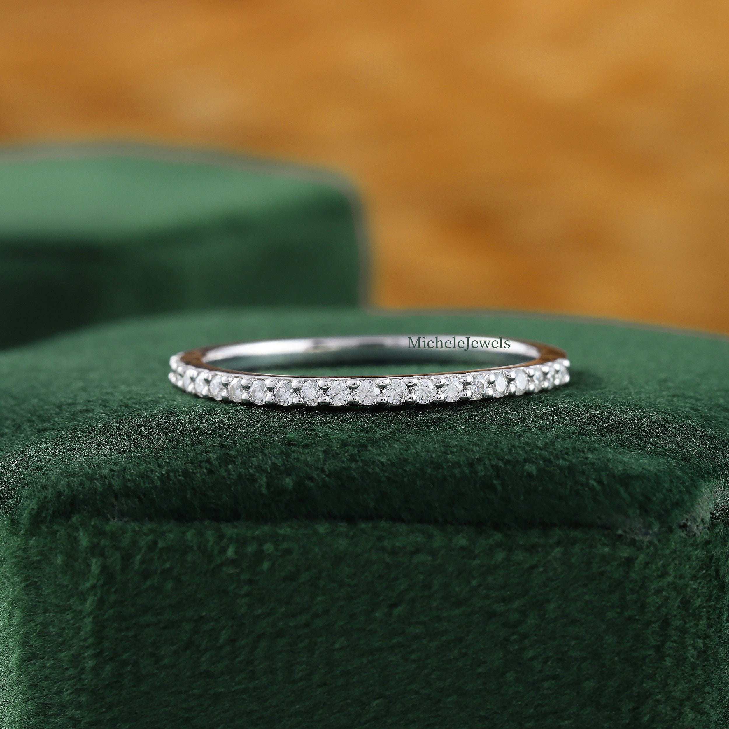 14K Gold Pave Diamond Wedding Band, Thin Silver Stacking Ring - Etsy