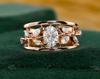 Leaf Inspired Vintage Band, Nature Inspired Art Deco Engagement Band, Oval & Marquise Moissanite Stacking Wide Band, Wide Band, Gift For Her