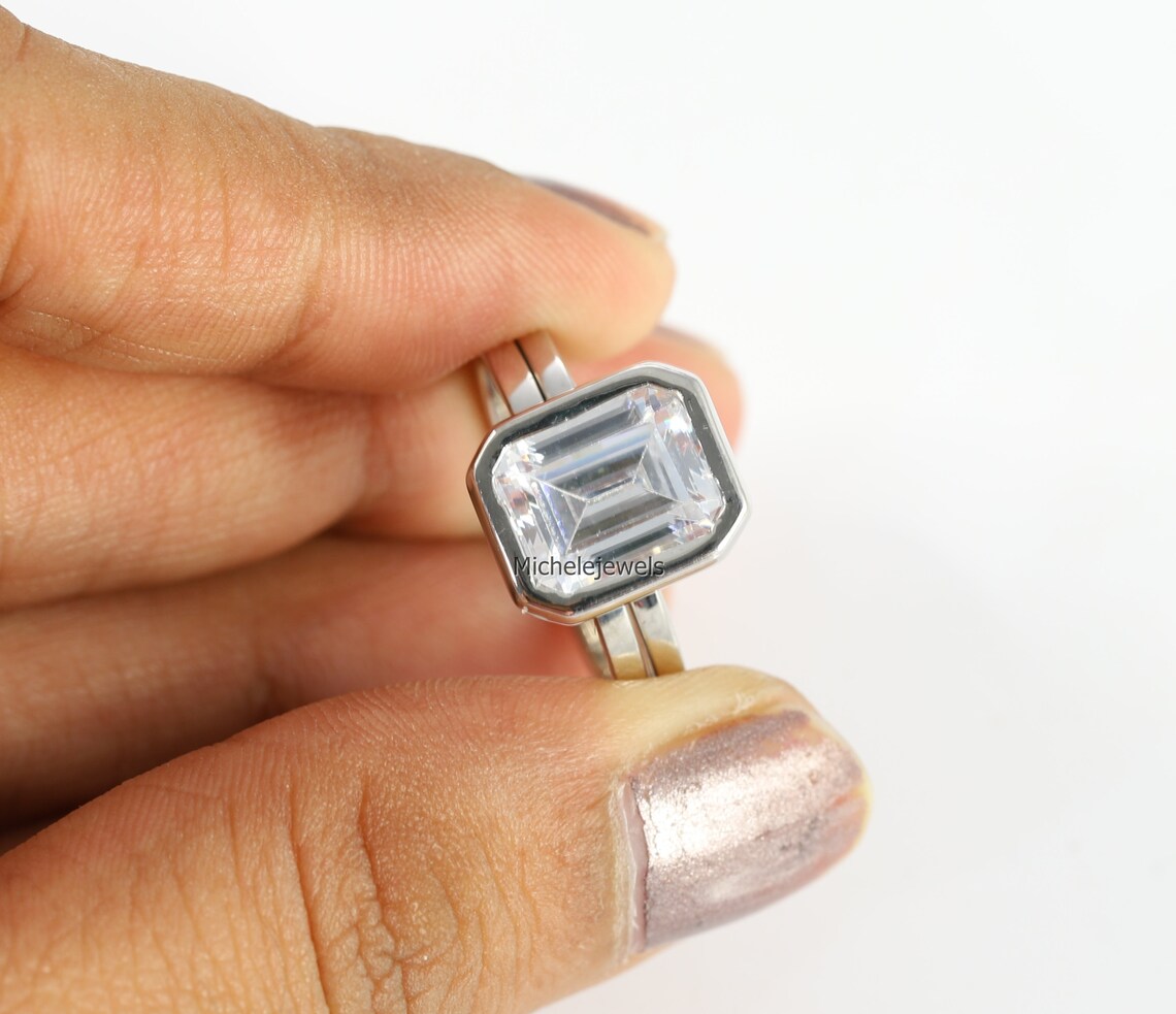 Emerald Cut Diamond Ring Set Classic Solitaire Bezel Diamond | Etsy