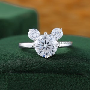 Mouse Engagement Ring - Sterling Silver Ring - Wedding Ring - Three Stone Ring - Round Cut - Mickey Ring - Promise Ring