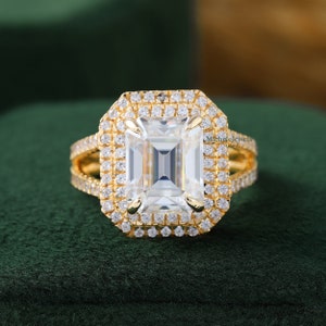 Split-Shank Engagement Ring, 3.00 Carat Emerald Cut Moissanite Engagement Ring, Double Halo Diamond Ring, Wedding Ring, 14K Yellow Gold Ring