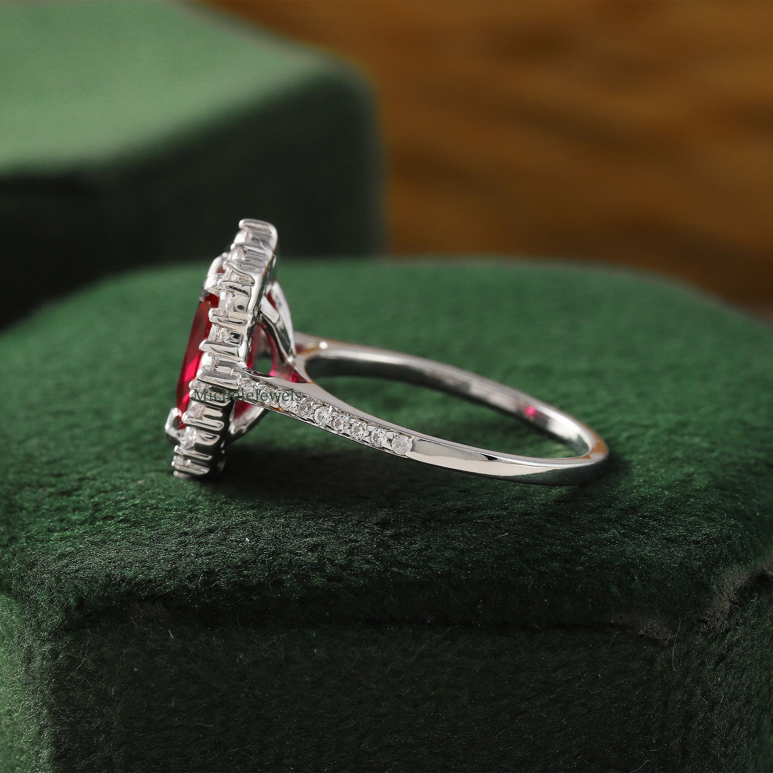 Emraed Red Emerald Red Ruby Gemstone Ring, Vintage Halo Ring, Emerald Halo Wedding ...