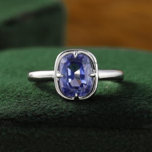 Elongated Cushion Cut Blue Sapphire Ring, Wide Solitaire Engagement Ring, Bezel Set Wedding Ring, September Birthstone Ring Anniversary Gift