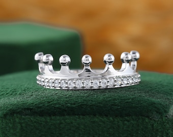 Princess Crown Tiara Ring, Crown Matching Ring, Round Moissanite Engagement Ring, 14K White Gold Ring, Unique Ring, Gift For Him