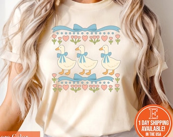 Camiseta con gráfico de ganso vintage de los 80: divertida camiseta de estilo cottagecore con lazo azul