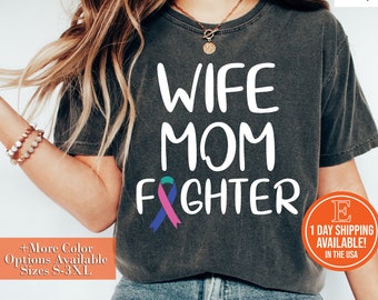 Thyroid Cancer Wife Mom Fighter Shirt, Hoodie, Sweatshirt, Thyroid Cancer Awareness, Thyroid Cancer Shirt Gift, Teal Pink Blue Ribbon Shirt