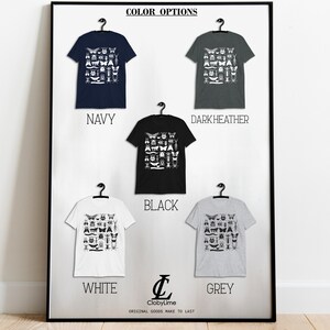 May include: Five t-shirts displayed on hangers, showing different color options: navy, dark heather, black, white, and grey. Each t-shirt features a white graphic print of various insects and butterflies.