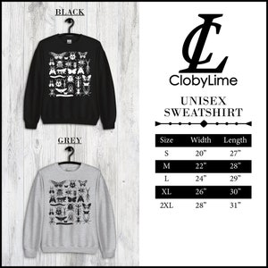 May include: Unisex sweatshirt with a black and white insect graphic print. The sweatshirt is available in black and grey. Size chart included with width and length measurements in inches.