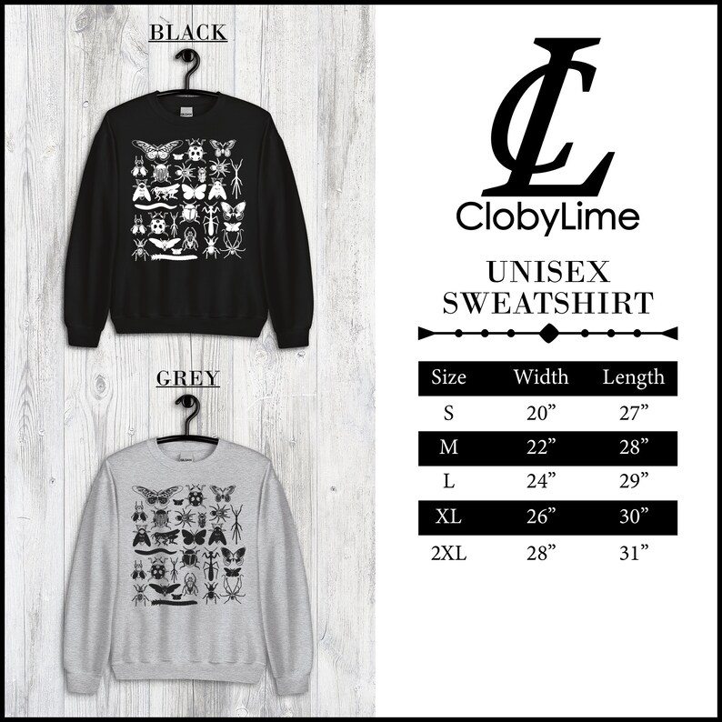 May include: Unisex sweatshirt with a black and white insect graphic print. The sweatshirt is available in black and grey. Size chart included with width and length measurements in inches.