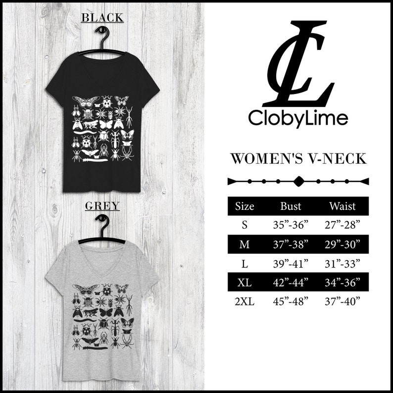May include: A size chart for women's V-neck t-shirts with a graphic print of various insects. The chart shows sizes S through 2XL with corresponding bust and waist measurements in inches.