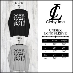 May include: A unisex long-sleeve t-shirt with a graphic print of various insects, including butterflies, beetles, and spiders. The shirt is available in black and grey. The size chart shows the width and length of the shirt in inches for sizes S, M, L, XL, and 2XL.