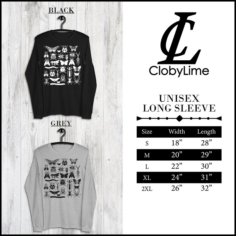 May include: A unisex long-sleeve t-shirt with a graphic print of various insects, including butterflies, beetles, and spiders. The shirt is available in black and grey. The size chart shows the width and length of the shirt in inches for sizes S, M, L, XL, and 2XL.