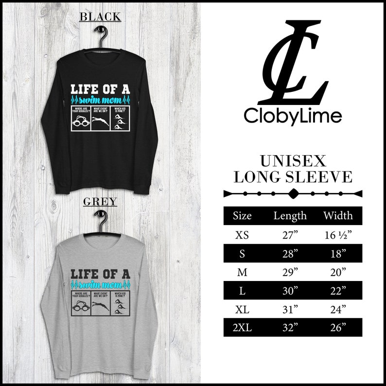 Peut inclure: Un t-shirt &agrave; manches longues unisexe avec le texte "Life of a Swim Mom" en bleu et blanc. Le t-shirt est disponible en noir et gris. Le tableau des tailles indique la longueur et la largeur du t-shirt en pouces pour les tailles XS &agrave; 2XL.