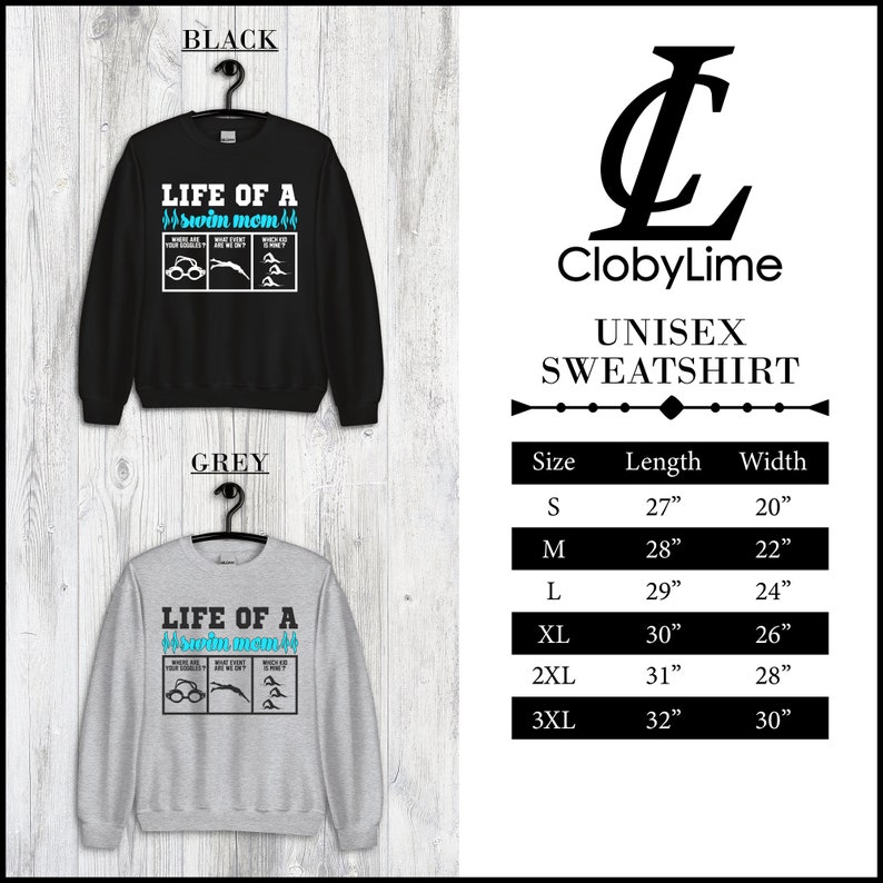 Peut inclure: Sweat-shirt unisexe disponible en noir et gris avec le texte "Life of a swim mom" et un graphique de lunettes de natation, un nageur et un bonnet de bain. Le sweat-shirt est disponible en tailles S-3XL avec des mesures de longueur et de largeur en pouces.