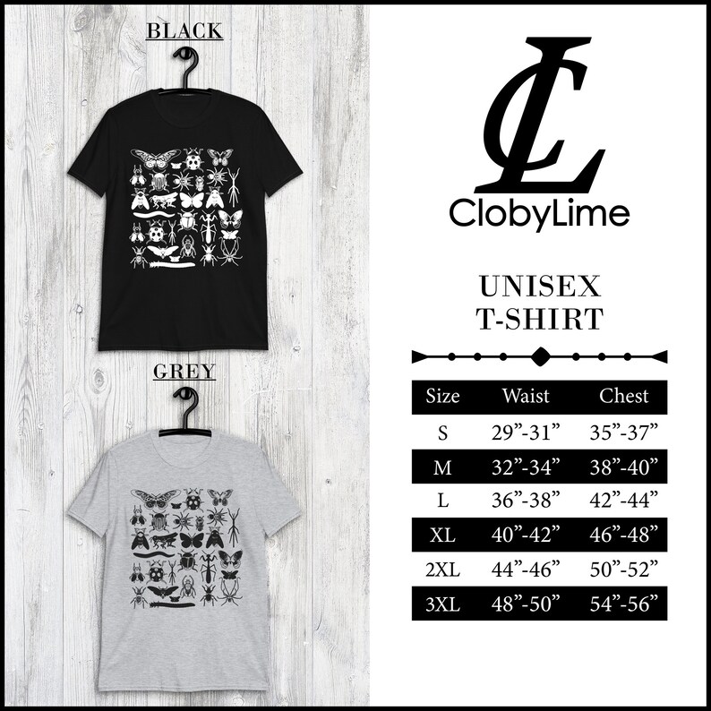 May include: A unisex t-shirt with a black and white insect graphic print. The shirt is available in black and grey. The size chart shows the waist and chest measurements in inches for sizes S, M, L, XL, 2XL, and 3XL.