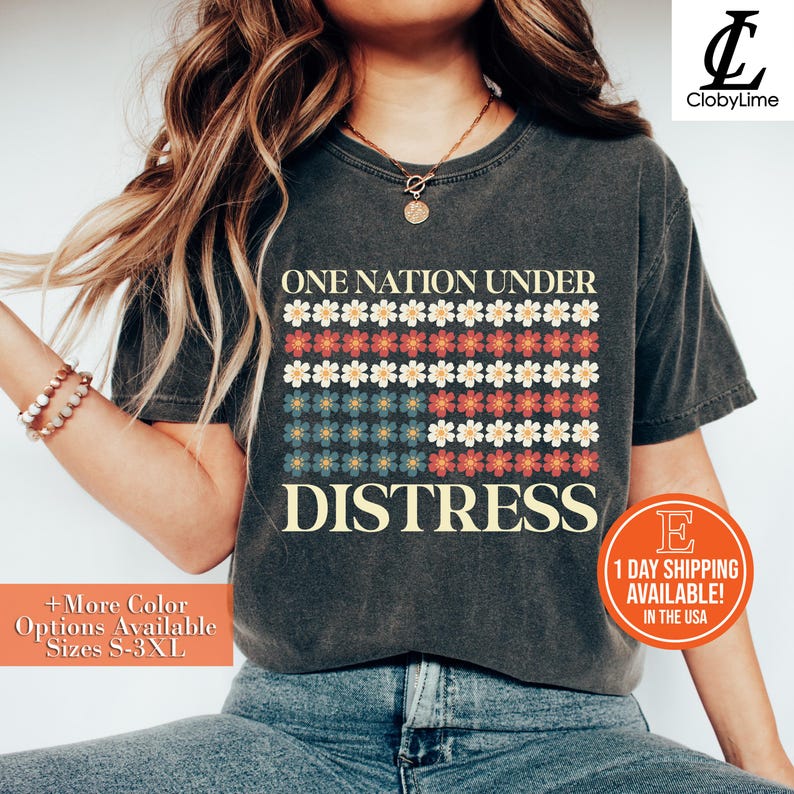 One Nation Under Distress Wildflower T-Shirt, Upside Down American Flag Shirt, Anti Ice Maga Progressive Liberal Leftist, Protect Democracy