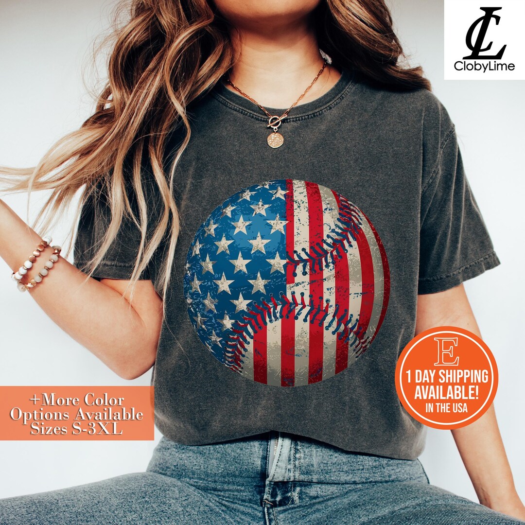 Women's American Flag Baseball T-Shirt – Patriotic 4th Of July Short Sleeve Tee, Casual Graphic Top, Gray