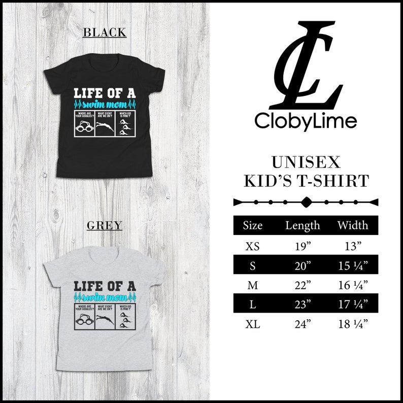Peut inclure: Un t-shirt unisexe pour enfant avec le texte "Life of a swim mom" en bleu et blanc. Le t-shirt est disponible en noir et gris. Le tableau des tailles indique la longueur et la largeur du t-shirt en pouces.