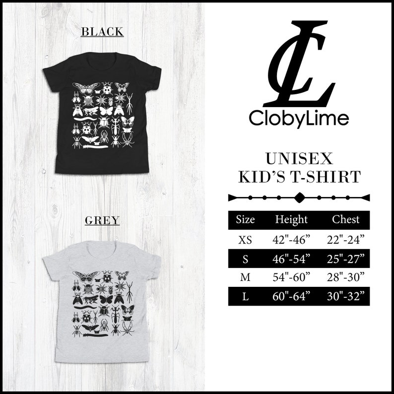 May include: Black and grey unisex kid's t-shirt with a white insect graphic print. The t-shirt is available in sizes XS, S, M, and L. The size chart shows the height and chest measurements for each size.