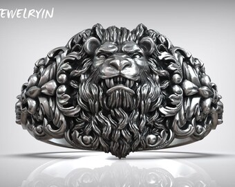 Lion Head Baroque Pattern Royal Fleur De Lis Unisex Ring , Wild Lion Men Ring, Indian Lion Men Jewelry, Wedding Gift Ring For Men's