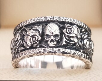 925 Sterling Silber Schädel Rose Ring: Gothic Ehering