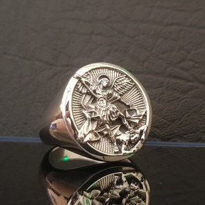 925 Sterling Silver Saint Michael signet Ring, St Michael The Archangel Ring, Christian Jewelry, Gift For Men&#39;s, god ring, unique ring
