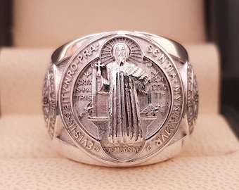 Sterling Silver St Benedict Medal Ring: Religious Signet Ring