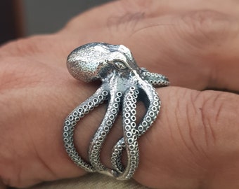 Handmade Sterling Silver Octopus Ring: Sea Animal Biker Jewelry