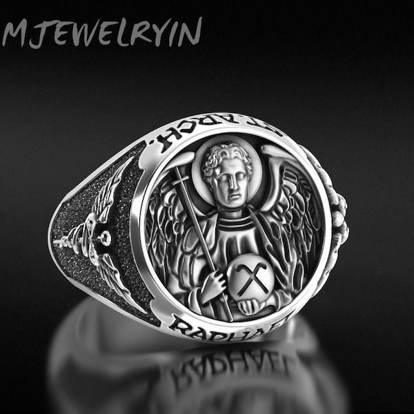 St Raphaël La Chevalière De l’Archange, Bague Chrétienne en Argent Sterling 925, Bague de Protection, Bijoux Religieux, Bague de Famille, Cadeau Chrétien