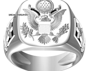 Solid Gold Eagle Ring: Army Crest Emblem, Unisex Design