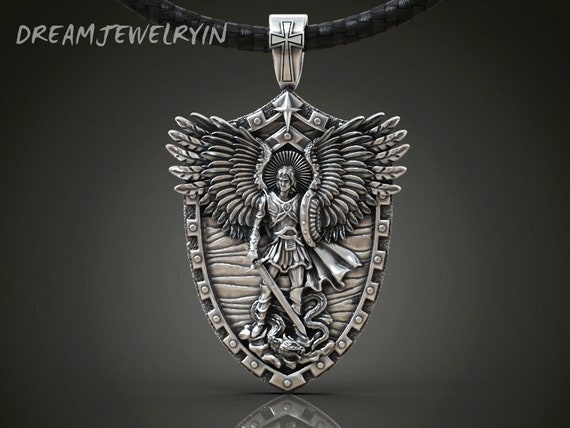 Saint Archangel Michael Pendant, Serpent Shield Wings Sword