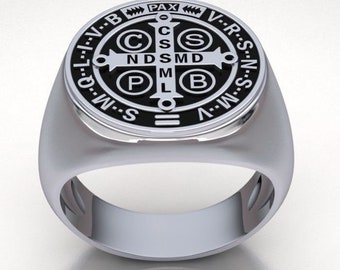 Anillo de plata de ley con la Medalla de San Benito - Anillo con sello religioso