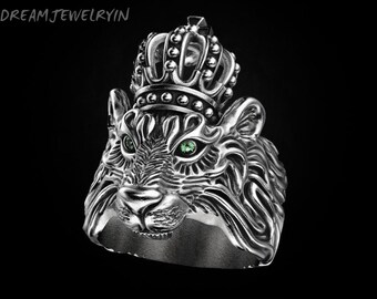 Silver Lion Men Ring with crown, Lion Ring with crown, Statement Rings, Animal Signet Rings, Gift For Men, Gift for Fathers, Lion king ring