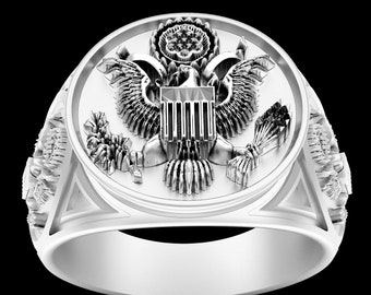 Solid Gold Army Crest Ring: Unisex Eagle Emblem