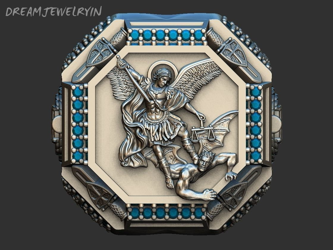 925スターリングシルバーの聖ミカエル大天使リング:3dクリスチャンジュエリー