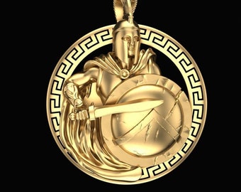 Pendentif 24kt Gold Over Spartan, Collier Spartan Men, Pendentif Casque Spartan, Pendentif rond, Collier Homme Silver Spartan Shield, Cadeau Homme