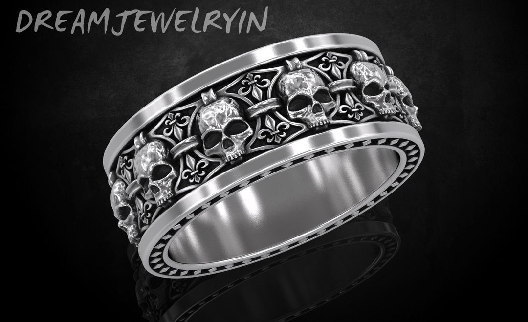 Mens Skull Wedding Ring, Silver Skull Wedding Band, Cool Skull Ring