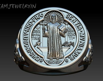 925 salver St Benedict Medal Cross Ring, Silver Signet Man Ring, Men's Religious Jewelry, St Benedict Ring, Ring For Men, Christmas Gifts