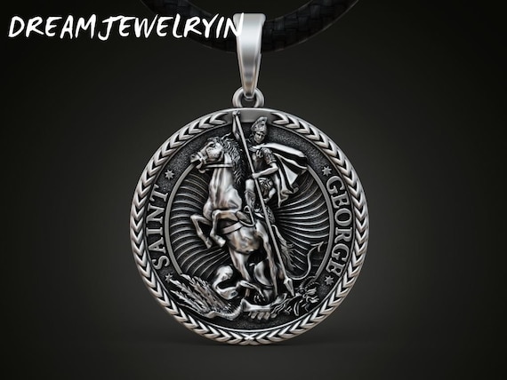 Medaglia di San Giorgio In Argento Massiccio 925 con Catenina In Argento