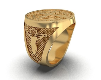 Anillo de plata de ley con medalla de San Benito - Anillo religioso de sello