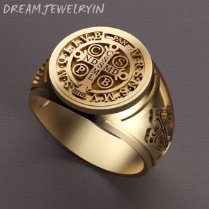 Sterling Silver St Benedict Medal Signet Ring - Religious Jewelry