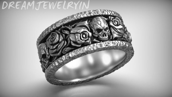 925 Sterling Silver Skull Rose Ring: Gothic Wedding Band
