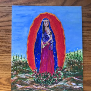 PRINT Breastfeeding Virgen De Guadalupe. Virgin Mary holding Baby Jesus-Corn Field