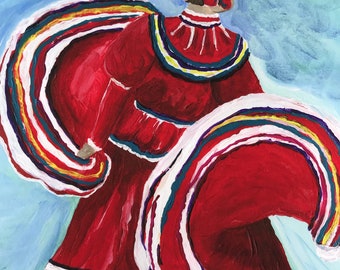 May include: A woman in a red dress with colorful stripes and a white ruffle. She is wearing a red bow in her hair and is facing away from the viewer. The background is a light blue.