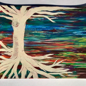 May include: Abstract painting of a white tree with roots against a colorful background of blue, green, red, and brown.