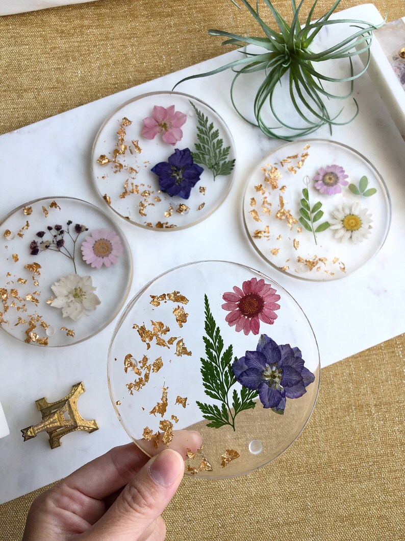 Floral Round Resin Coasters Dried Pressed Flowers & Leaves Etsy