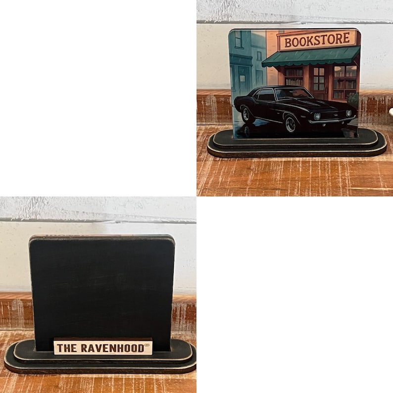May include: Two wooden display stands. One features a black car parked in front of a bookstore. The other has a black chalkboard with the text "THE RAVENHOOD" on the base. Both stands have a black and gold color scheme.
