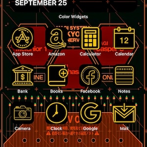Könnte beinhalten: Ein schwarzer Telefonbildschirm mit einer digitalen Uhr, die 6:15 Uhr anzeigt, und dem Datum Freitag, 25. September. Der Bildschirm zeigt ein Raster aus bunten App-Symbolen, darunter App Store, Amazon, Taschenrechner, Kalender, Bank, Bücher, Facebook, Notizen, Kamera, Uhr, Google, Mail, Telefon, Nachrichten, Videokamera und Musik.