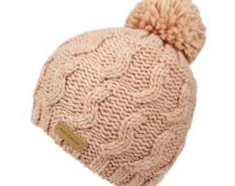 Cable Knit Pom Pom Winter Beanie, Lined Skull Cap Beanie