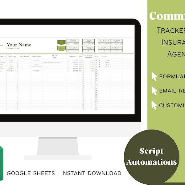 Commission Tracker | Spreadsheet for Insurance Agents, Home, Auto, and Life Insurance with Goals Tracking | Google Sheets Digital Download